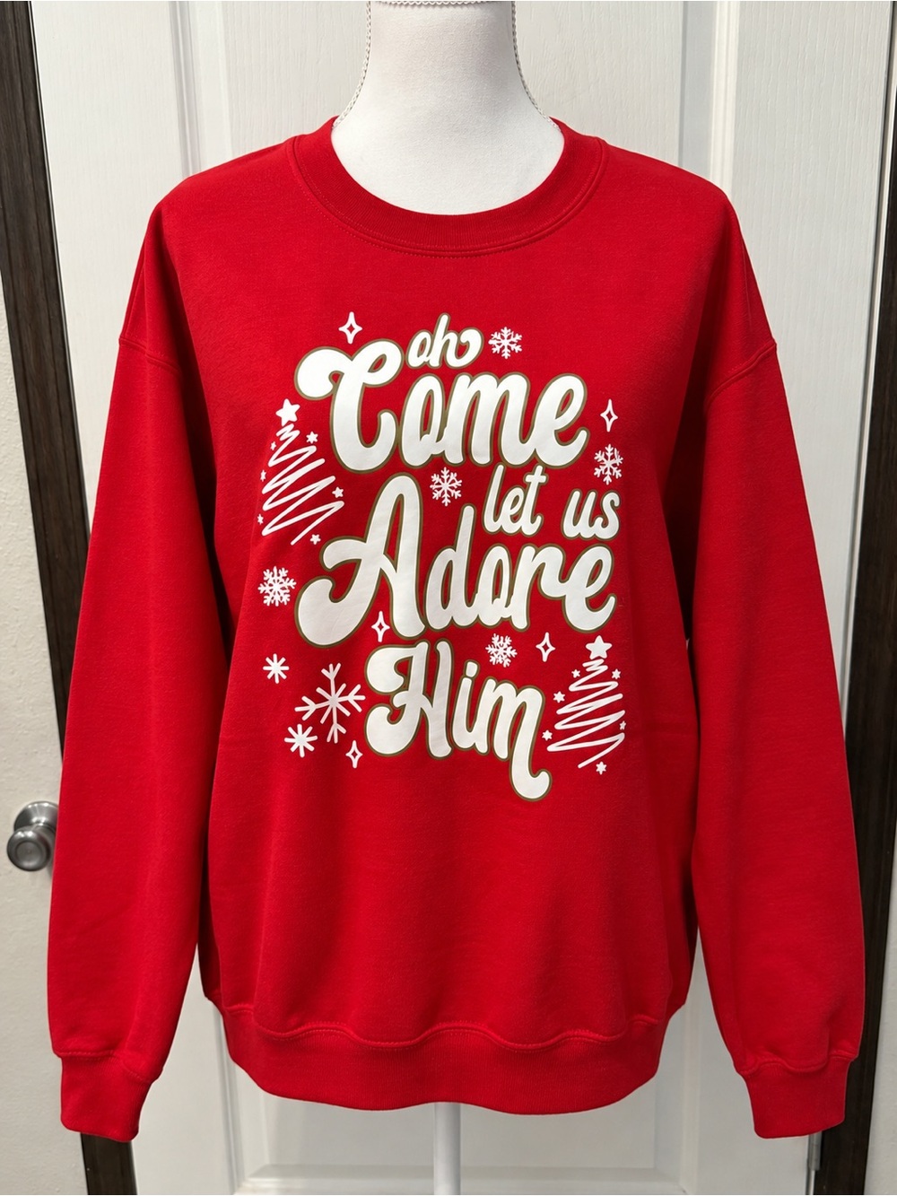 Gildan Red Sweatshirt with White & Gold Script Holiday Design